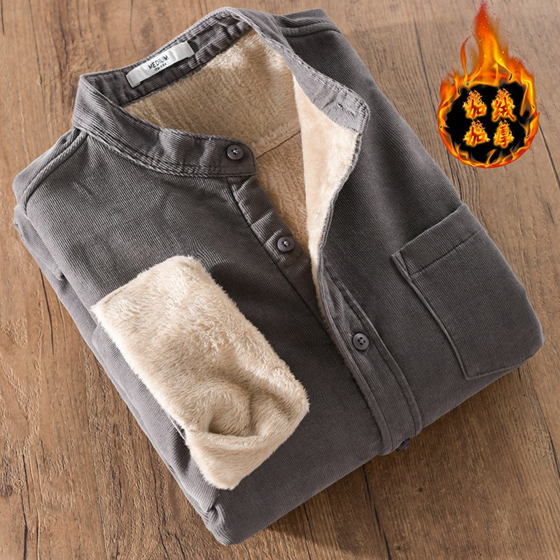 Winter Thickened Casual Vintage Stand Collar Corduroy Long Sleeve Shirt Velvet Thick Warm Tops | 9433