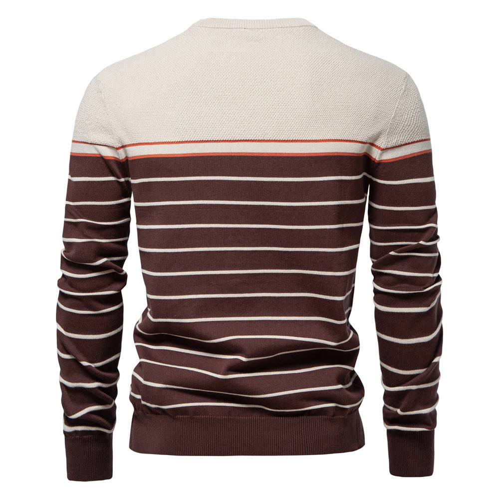 Men’s Striped Patchwork Knit Sweater – Crew Neck Casual Pullover for Autumn/Winter | SW117