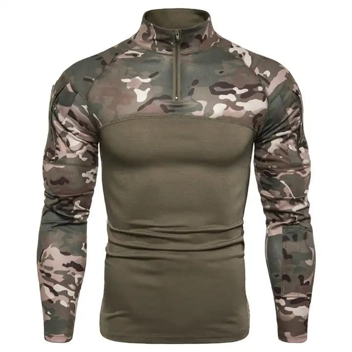 T-shirt décontracté à manches longues et col montant pour homme avec coutures camouflage | 1815-G11