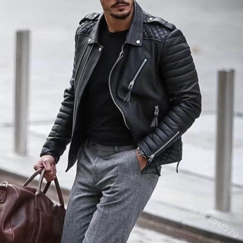 Cardigan décontracté à revers avec fermeture éclair en PU, manteau épais à manches longues, veste d'extérieur de couleur unie, coupe ajustée |