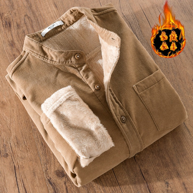 Winter Thickened Casual Vintage Stand Collar Corduroy Long Sleeve Shirt Velvet Thick Warm Tops | 9433