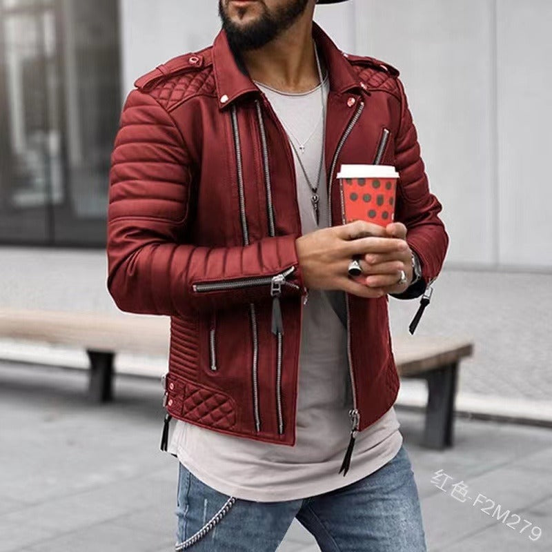 Cardigan décontracté à revers avec fermeture éclair en PU, manteau épais à manches longues, veste d'extérieur de couleur unie, coupe ajustée |