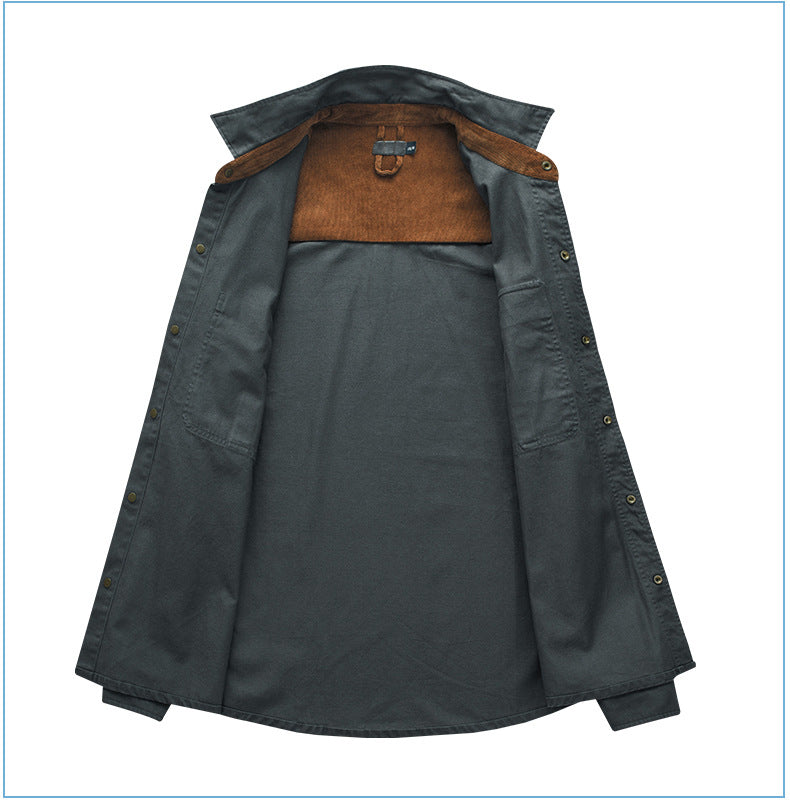 Men's Workwear Pure Cotton Corduroy Shirt with Contrast Color Lapel Plus Size Loose Fit Top | 3261