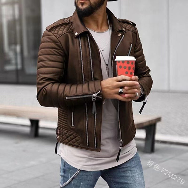 Cardigan décontracté à revers avec fermeture éclair en PU, manteau épais à manches longues, veste d'extérieur de couleur unie, coupe ajustée |