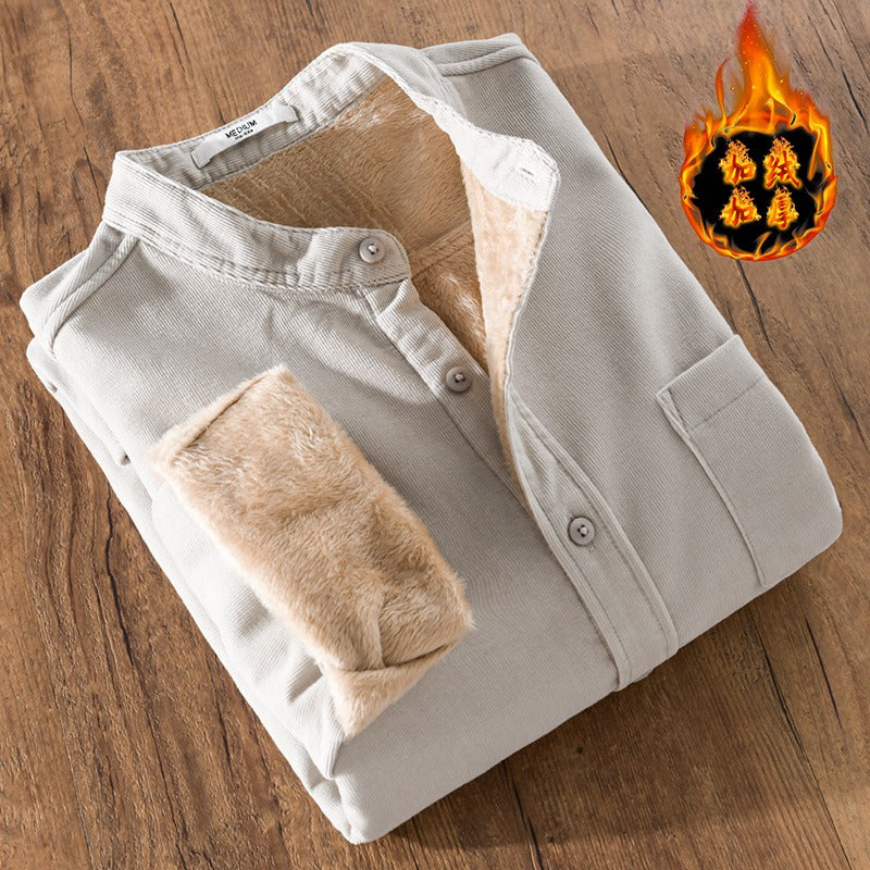 Winter Thickened Casual Vintage Stand Collar Corduroy Long Sleeve Shirt Velvet Thick Warm Tops | 9433