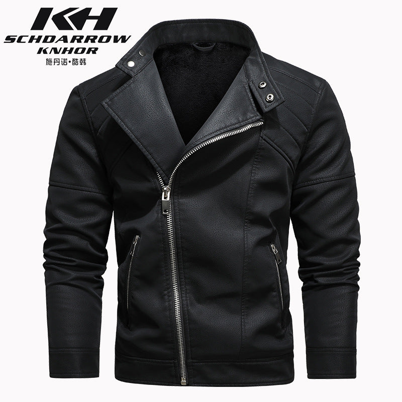 Veste en cuir PU pour homme, rembourrée, revers oblique, fermeture éclair, col montant coréen, blazer | KH-138