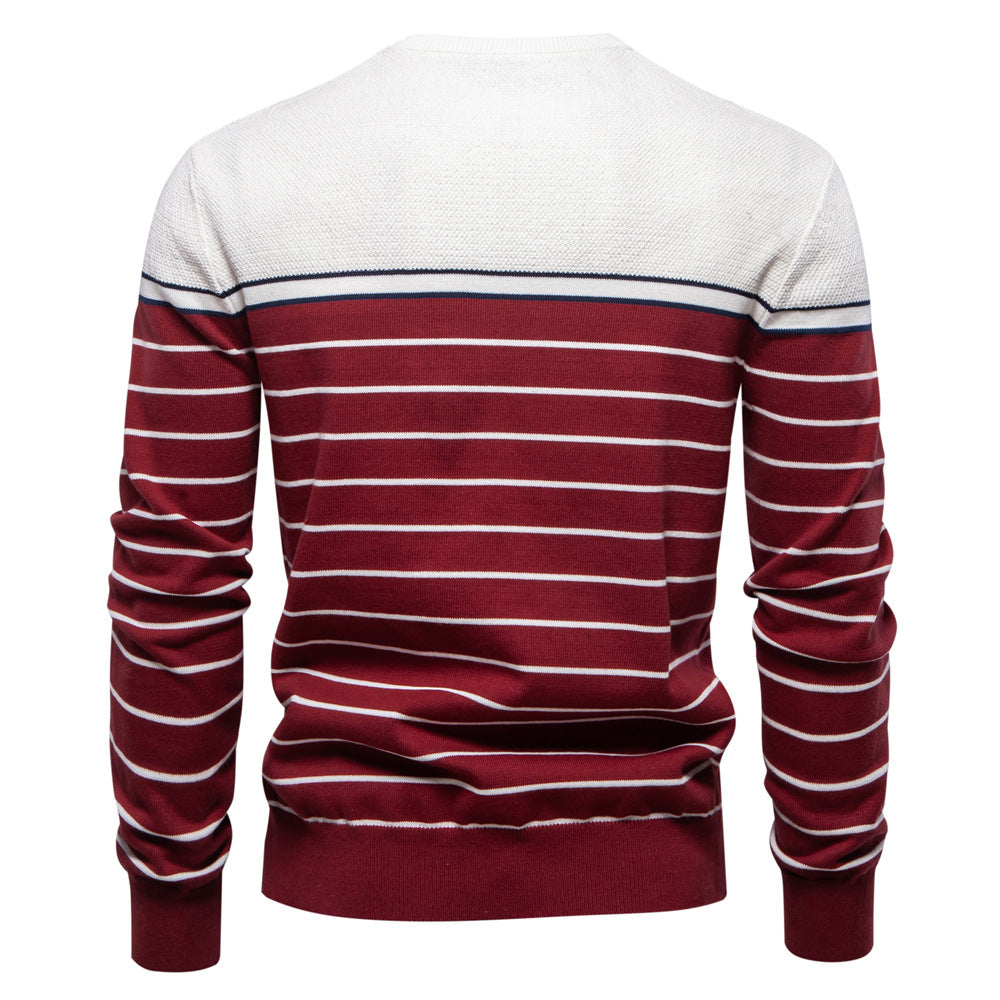 Men’s Striped Patchwork Knit Sweater – Crew Neck Casual Pullover for Autumn/Winter | SW117