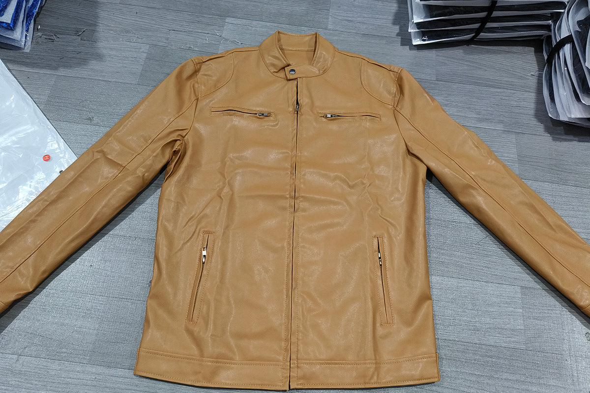 Veste en cuir PU de qualité supérieure avec col montant et coupe ajustée, cardigan chaud à fermeture éclair avec plusieurs poches | PY31
