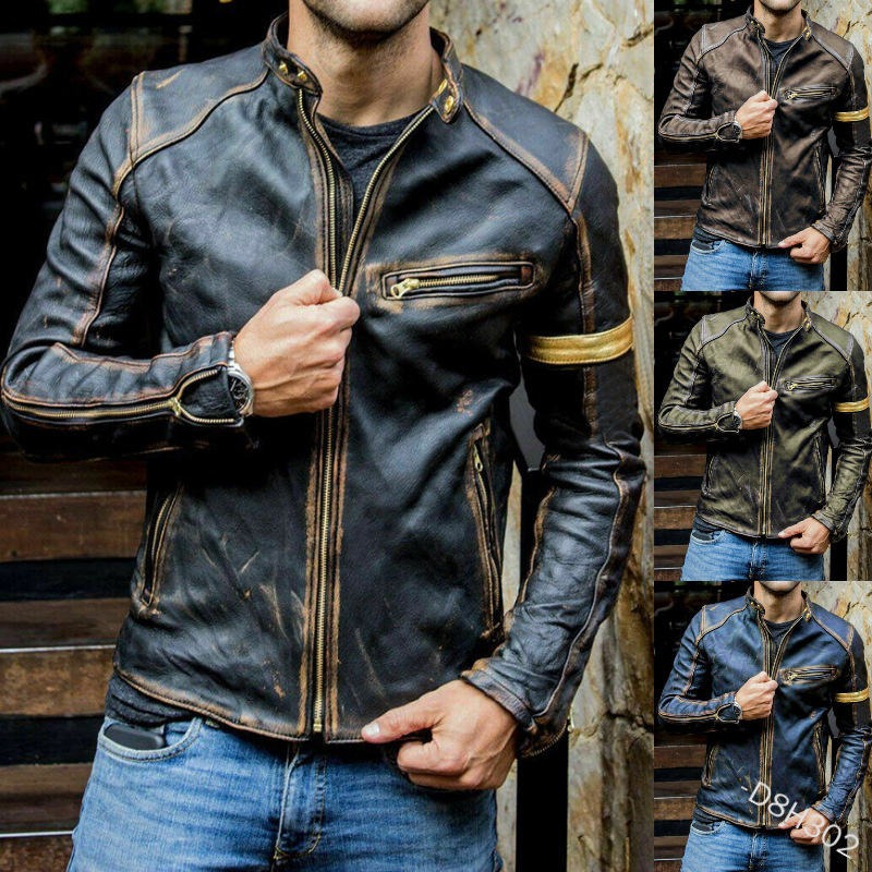 Giacca da motociclista in pelle casual con cerniera e colletto alto vintage da uomo | D8H302