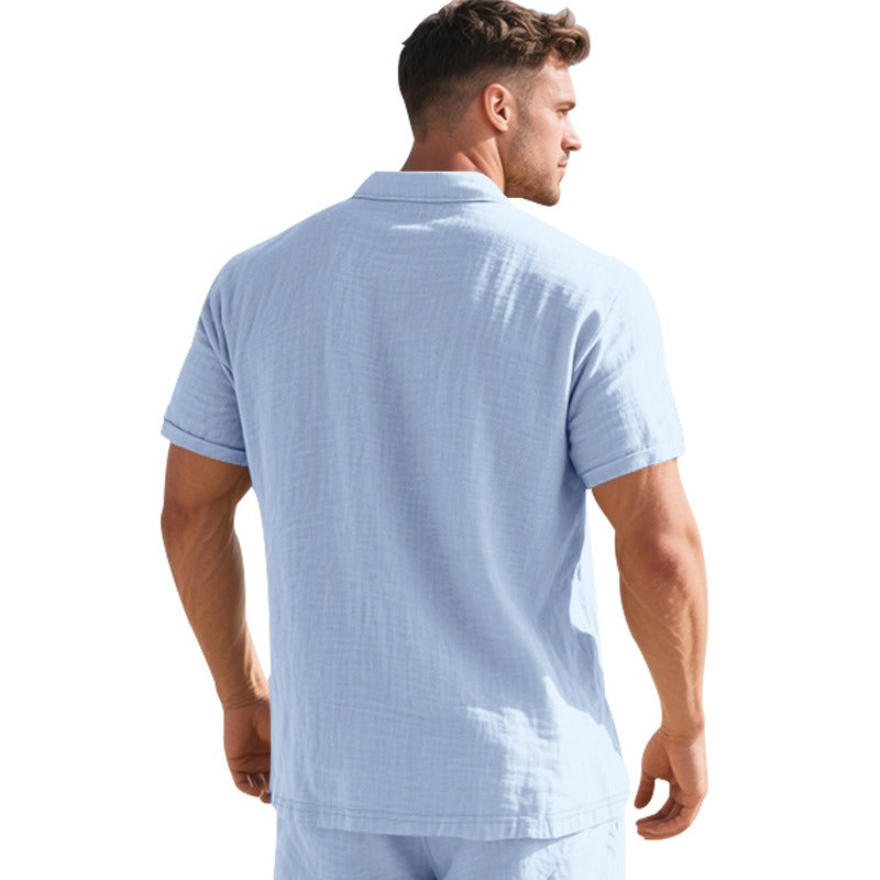 Men’s British Gentleman Style Loose-Fit Linen Polo Shirt Summer Short Sleeve | YHBKCS-20
