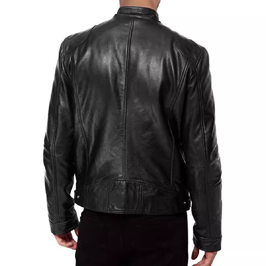 Veste en cuir PU de qualité supérieure avec col montant et coupe ajustée, cardigan chaud à fermeture éclair avec plusieurs poches | PY31