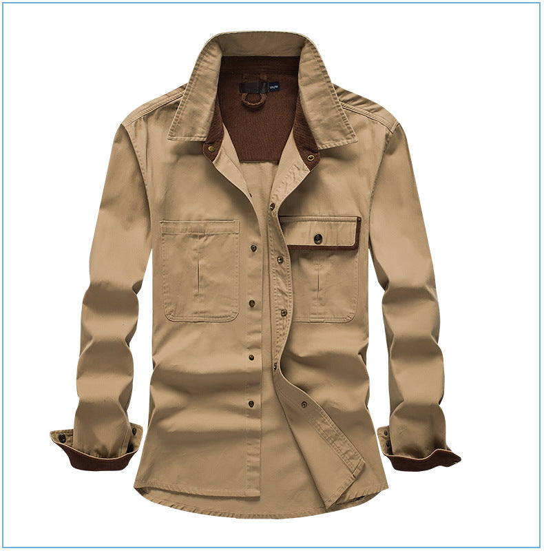 Men's Workwear Pure Cotton Corduroy Shirt with Contrast Color Lapel Plus Size Loose Fit Top | 3261