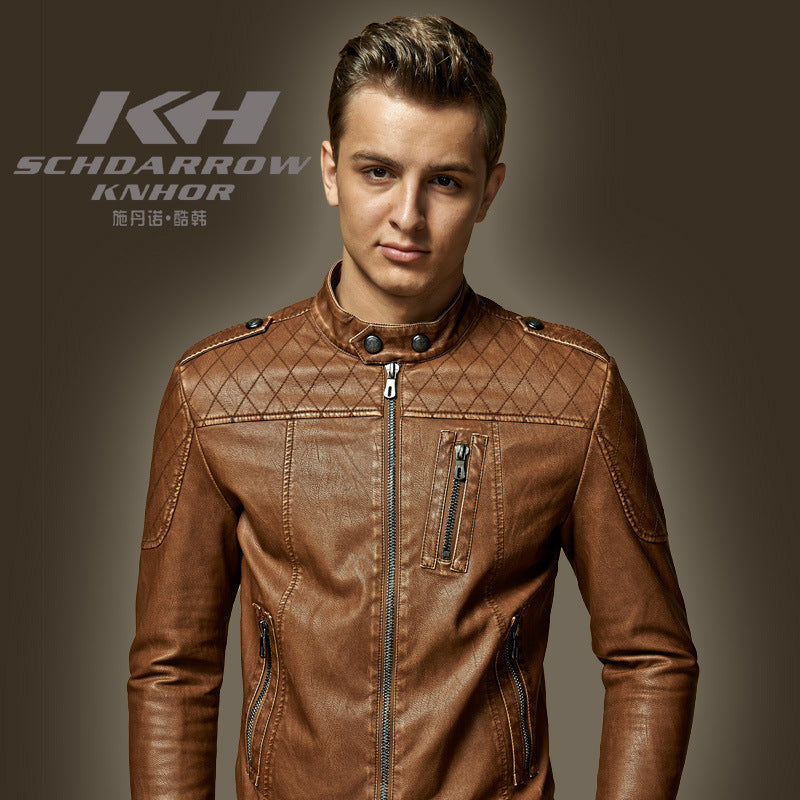 Giacca in pelle da uomo con colletto rialzato, giacca in pelle PU lavata Nostalgia | 8899