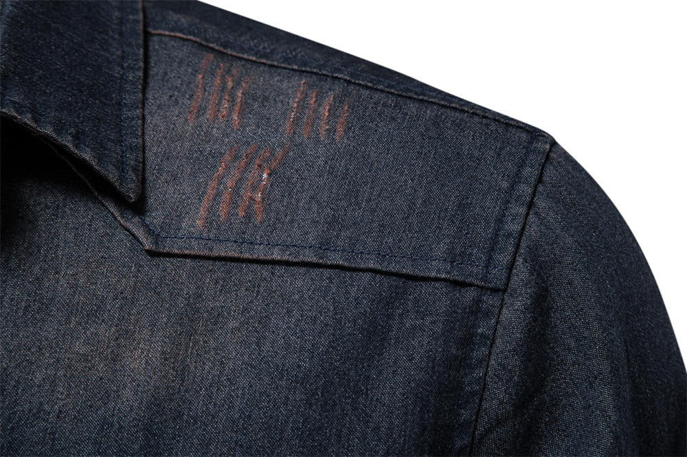 Men's Long Sleeve Denim No-Iron Casual Shirt Solid Color Cotton Vintage Style | 6022