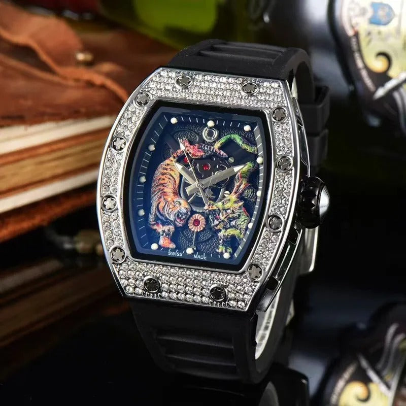 Montre de luxe pour homme RM - Montre automatique en caoutchouc avec motif de dragon et de tigre lumineux | 9924LH