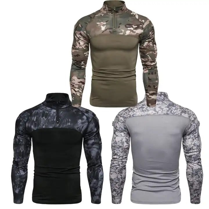 T-shirt décontracté à manches longues et col montant pour homme avec coutures camouflage | 1815-G11