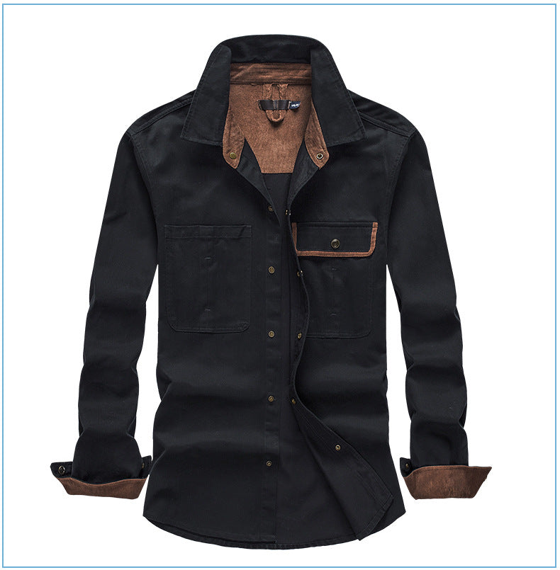 Men's Workwear Pure Cotton Corduroy Shirt with Contrast Color Lapel Plus Size Loose Fit Top | 3261