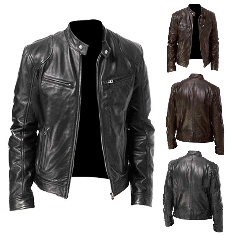 Veste en cuir PU de qualité supérieure avec col montant et coupe ajustée, cardigan chaud à fermeture éclair avec plusieurs poches | PY31