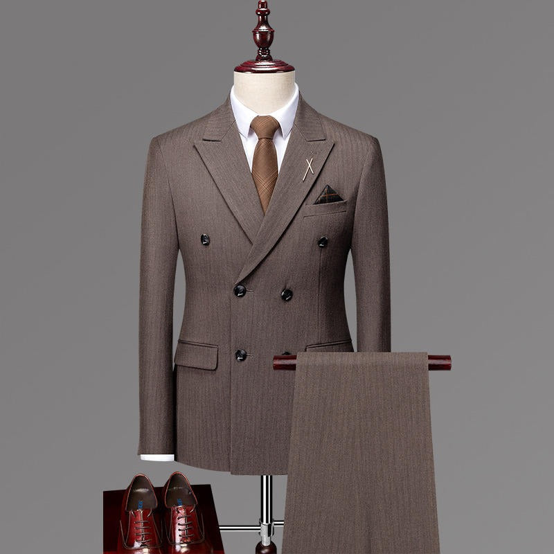 3 Piece Men’s Leisure Suit British Slim Stripe Double-Breasted Groom Wedding Dress Suits | DYQ06