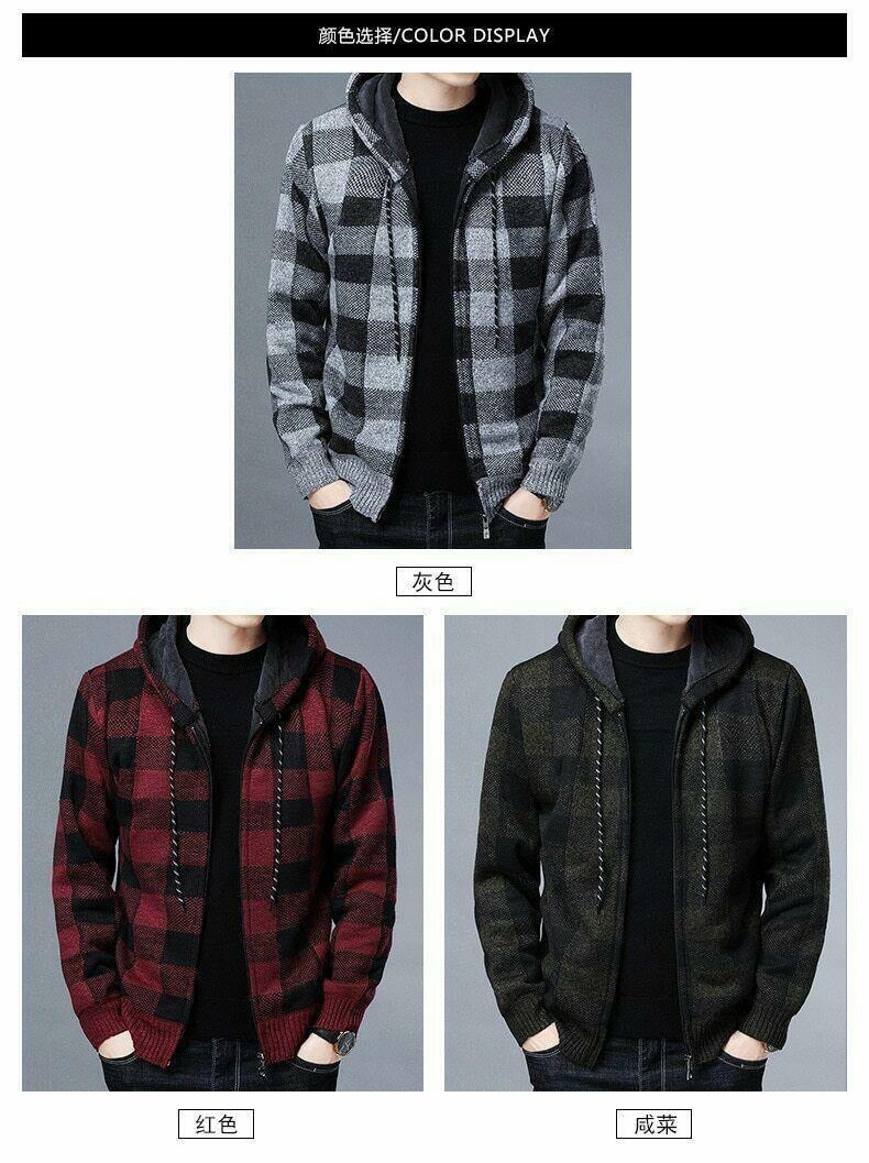Manteau d'hiver décontracté à capuche pour hommes, tricot, vêtements d'extérieur, pull à carreaux, cardigan à fermeture éclair complète, vestes