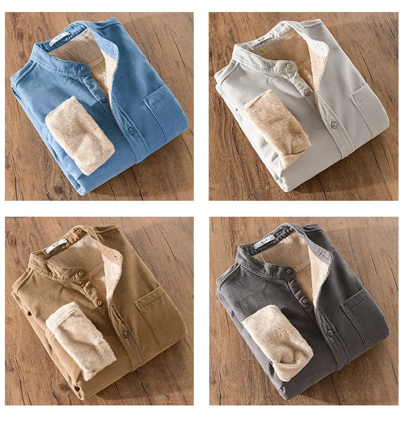 Winter Thickened Casual Vintage Stand Collar Corduroy Long Sleeve Shirt Velvet Thick Warm Tops | 9433