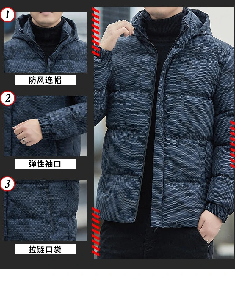 Veste coupe-vent décontractée pour homme, manteau d'hiver chaud à capuche épais et rembourré