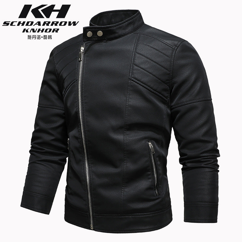 Veste en cuir PU pour homme, rembourrée, revers oblique, fermeture éclair, col montant coréen, blazer | KH-138