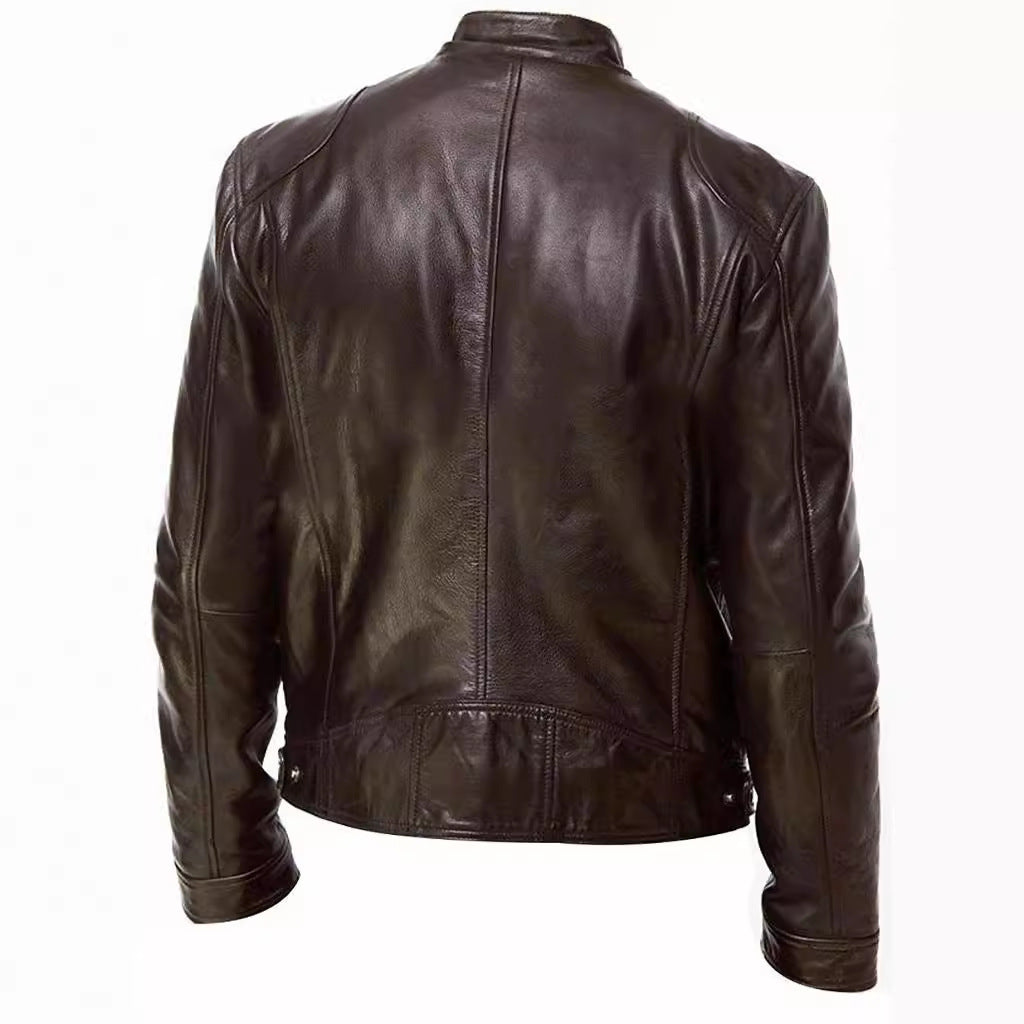 Veste en cuir PU de qualité supérieure avec col montant et coupe ajustée, cardigan chaud à fermeture éclair avec plusieurs poches | PY31
