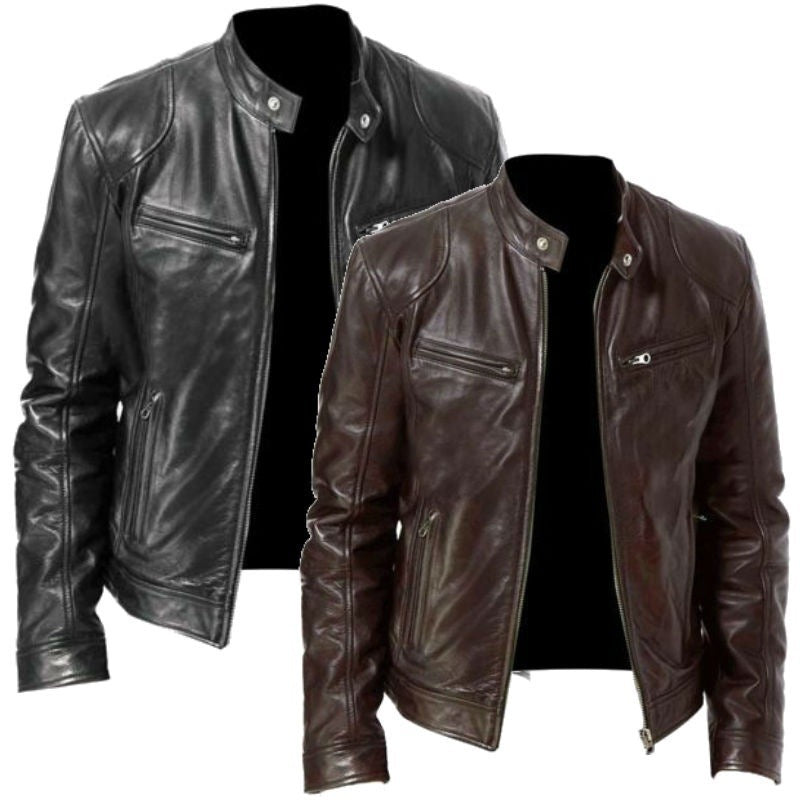 Veste en cuir PU de qualité supérieure avec col montant et coupe ajustée, cardigan chaud à fermeture éclair avec plusieurs poches | PY31
