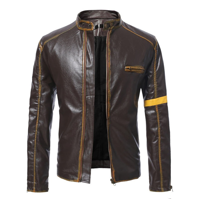 Giacca da motociclista in pelle casual con cerniera e colletto alto vintage da uomo | D8H302