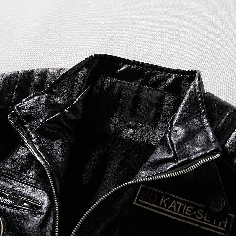 Giacca in pelle da uomo con fodera in pile, cappotto in pelle PU, taglie forti, giacca da uomo con risvolto e ricamo | 6693