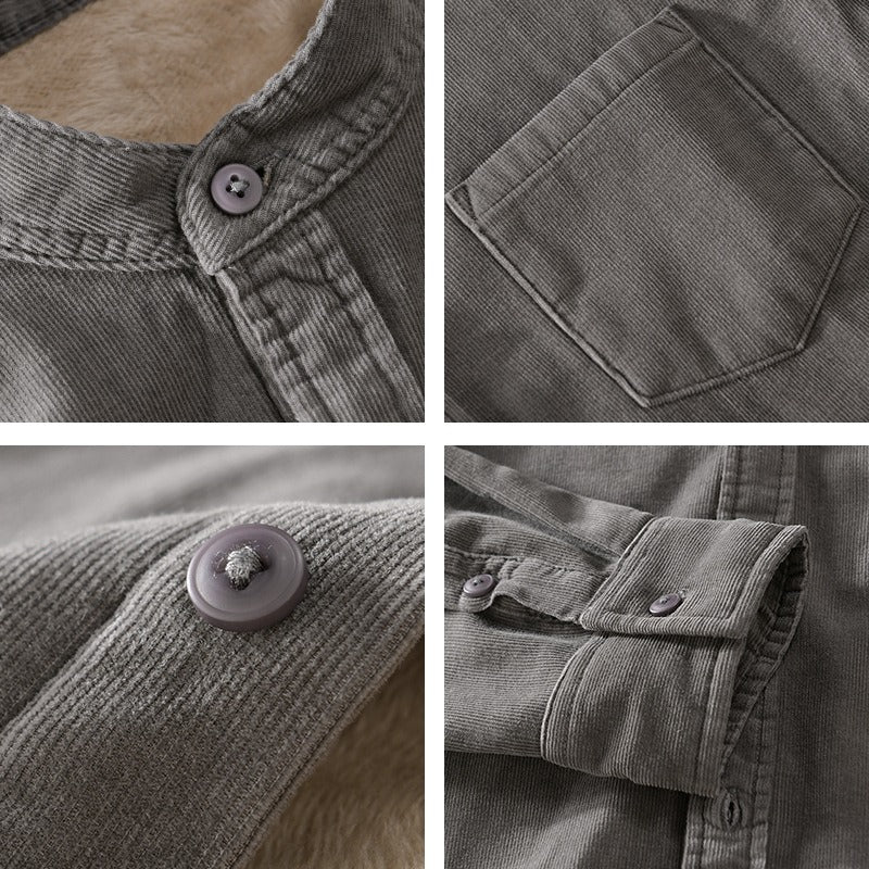 Winter Thickened Casual Vintage Stand Collar Corduroy Long Sleeve Shirt Velvet Thick Warm Tops | 9433