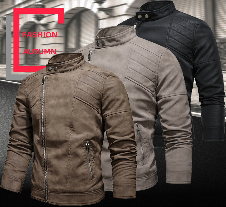 Veste en cuir PU pour homme, rembourrée, revers oblique, fermeture éclair, col montant coréen, blazer | KH-138