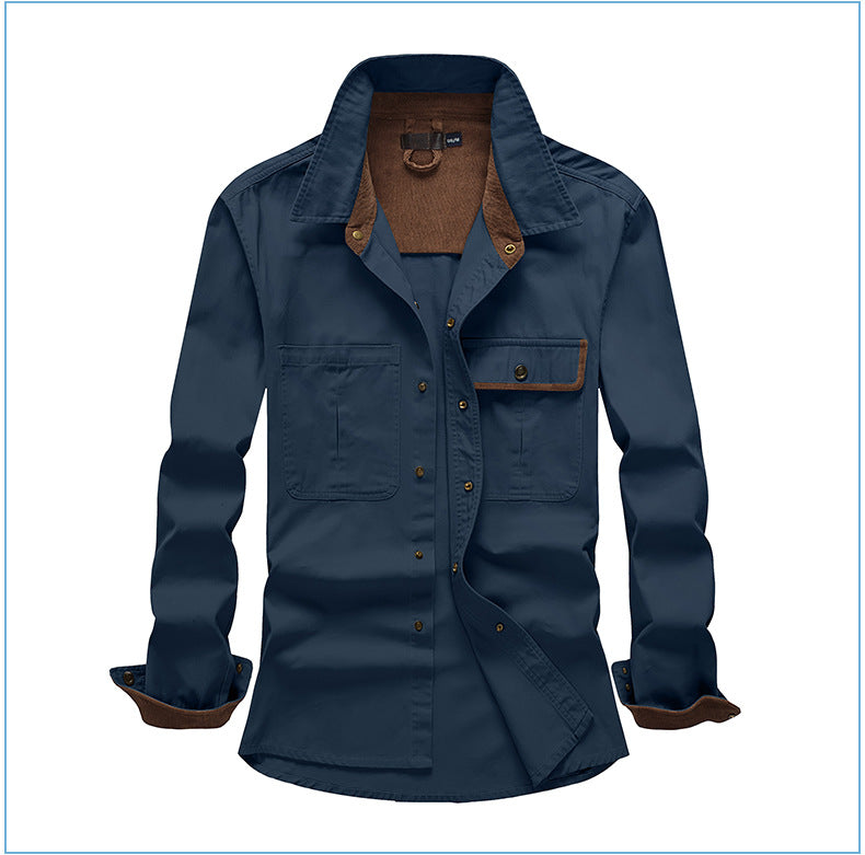 Men's Workwear Pure Cotton Corduroy Shirt with Contrast Color Lapel Plus Size Loose Fit Top | 3261