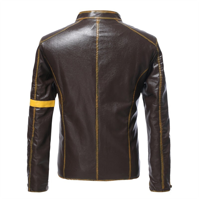 Giacca da motociclista in pelle casual con cerniera e colletto alto vintage da uomo | D8H302