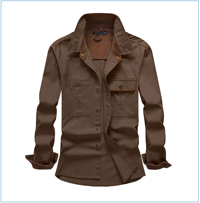 Men's Workwear Pure Cotton Corduroy Shirt with Contrast Color Lapel Plus Size Loose Fit Top | 3261