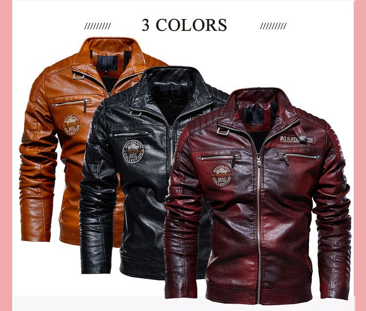 Giacca in pelle da uomo con fodera in pile, cappotto in pelle PU, taglie forti, giacca da uomo con risvolto e ricamo | 6693