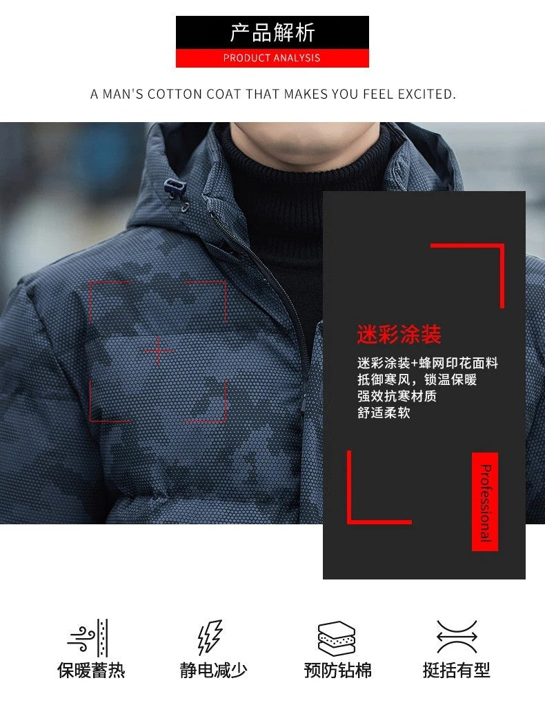 Veste coupe-vent décontractée pour homme, manteau d'hiver chaud à capuche épais et rembourré
