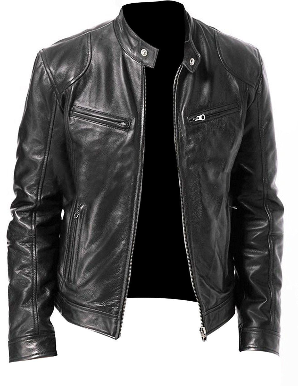Veste en cuir PU de qualité supérieure avec col montant et coupe ajustée, cardigan chaud à fermeture éclair avec plusieurs poches | PY31