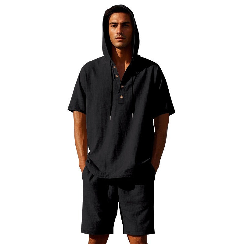 Men’s Summer Linen Hooded Shirt & Shorts Set Lightweight Casual Beachwear Set | CW15