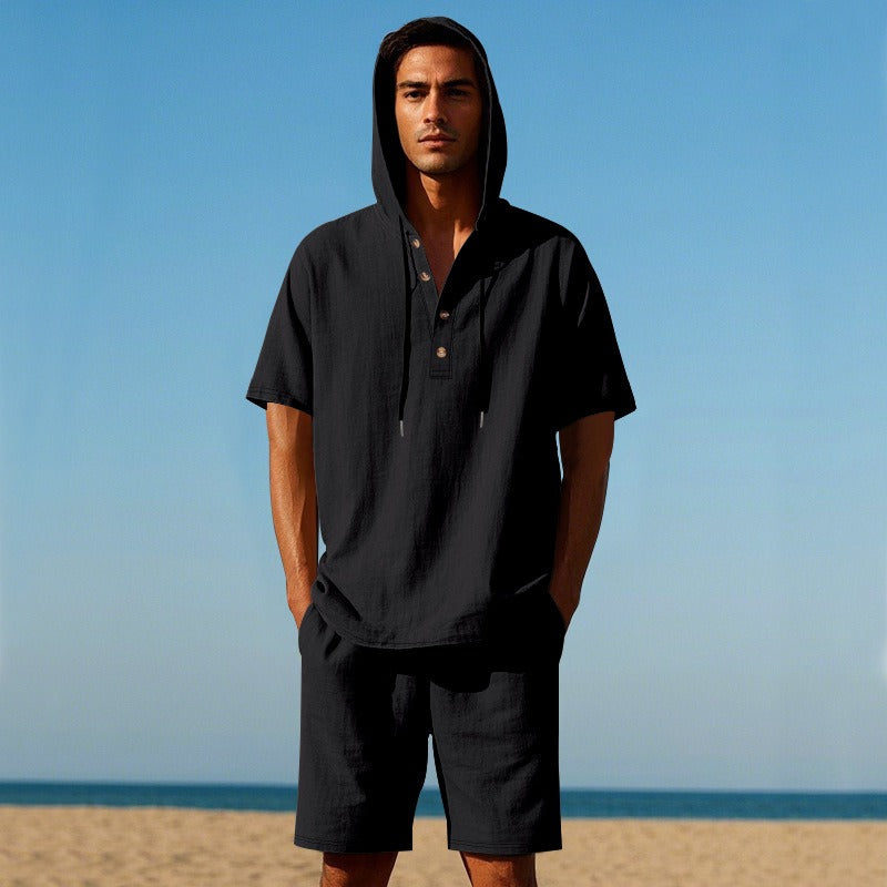 Men’s Summer Linen Hooded Shirt & Shorts Set Lightweight Casual Beachwear Set | CW15