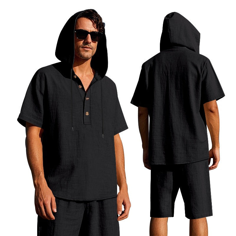 Men’s Summer Linen Hooded Shirt & Shorts Set Lightweight Casual Beachwear Set | CW15