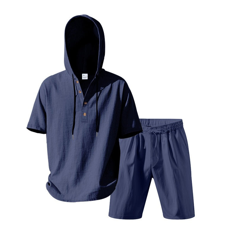 Men’s Summer Linen Hooded Shirt & Shorts Set Lightweight Casual Beachwear Set | CW15