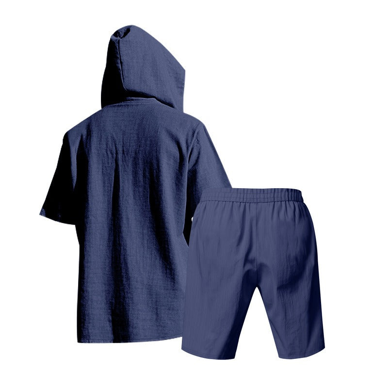 Men’s Summer Linen Hooded Shirt & Shorts Set Lightweight Casual Beachwear Set | CW15
