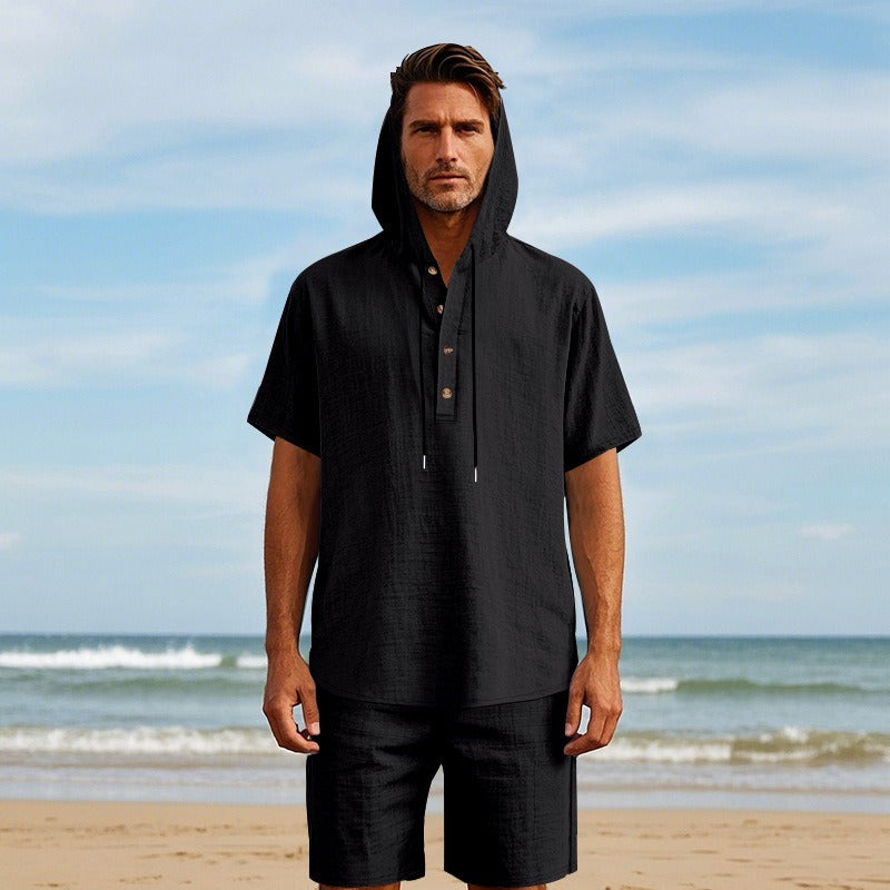 Men’s Summer Linen Hooded Shirt & Shorts Set Lightweight Casual Beachwear Set | CW15