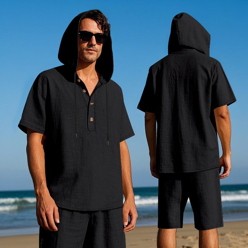 Men’s Summer Linen Hooded Shirt & Shorts Set Lightweight Casual Beachwear Set | CW15