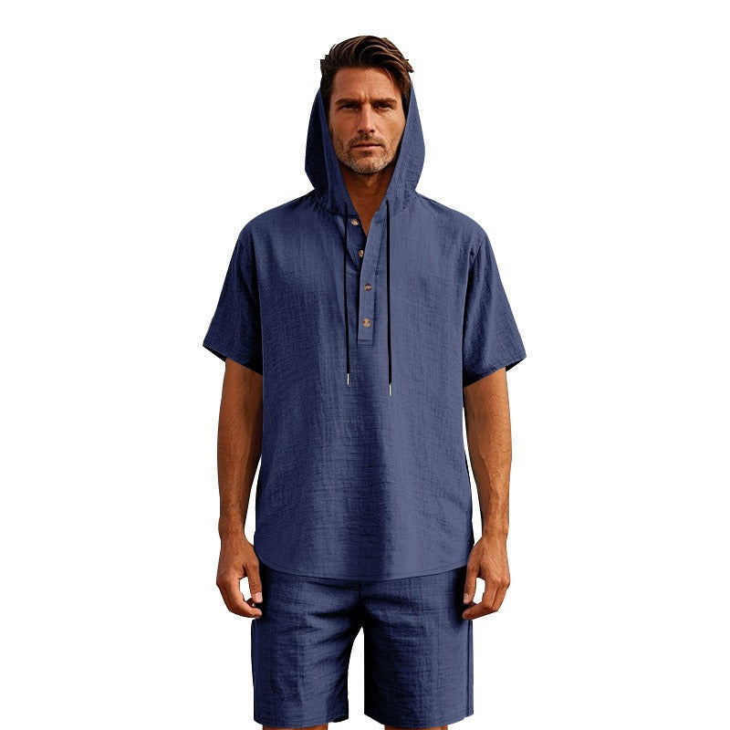 Men’s Summer Linen Hooded Shirt & Shorts Set Lightweight Casual Beachwear Set | CW15
