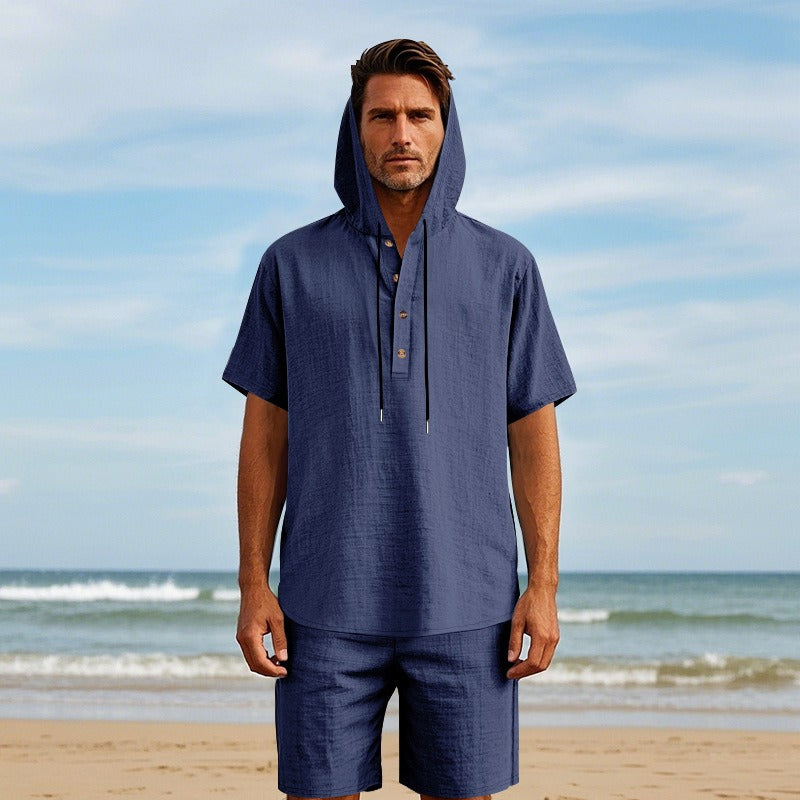 Men’s Summer Linen Hooded Shirt & Shorts Set Lightweight Casual Beachwear Set | CW15