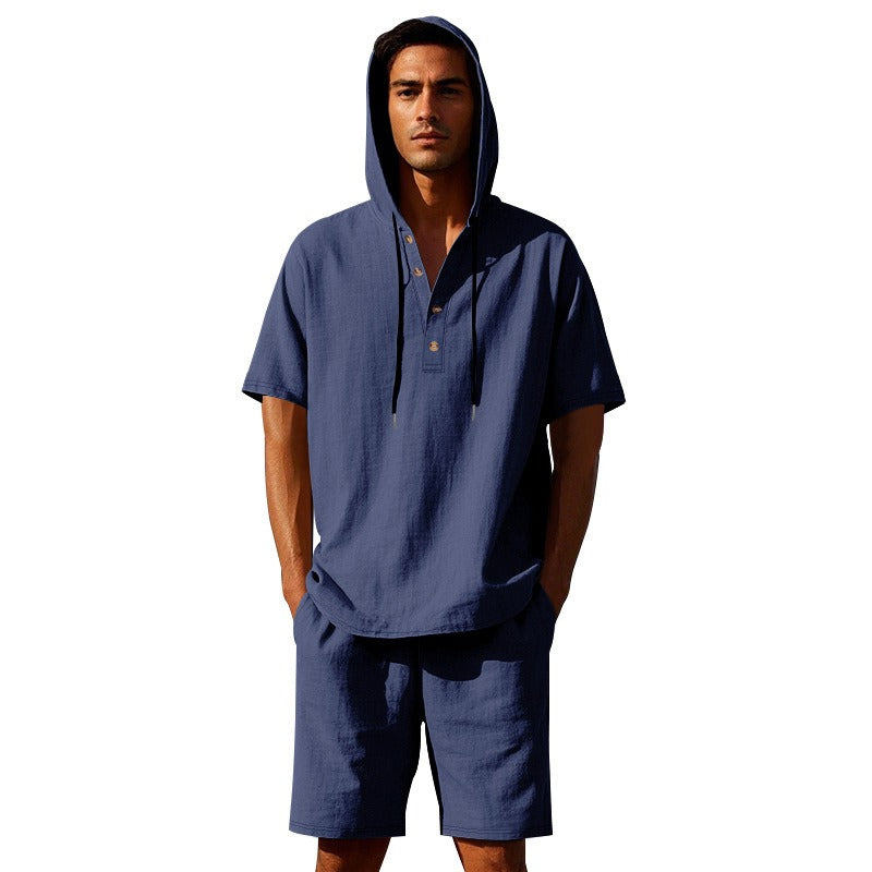 Men’s Summer Linen Hooded Shirt & Shorts Set Lightweight Casual Beachwear Set | CW15