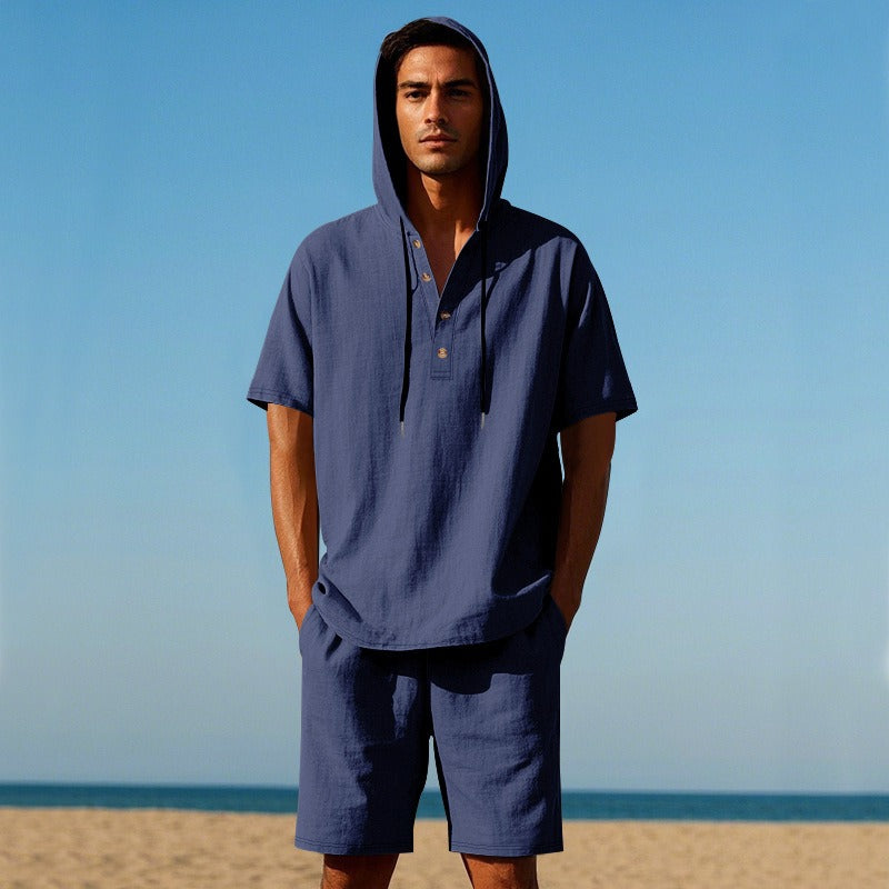 Men’s Summer Linen Hooded Shirt & Shorts Set Lightweight Casual Beachwear Set | CW15